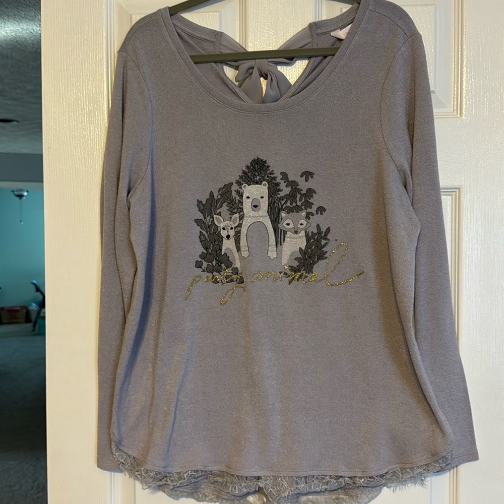 Long Sleeve Lightweight Sweater with Bow Detail XXL in Grey